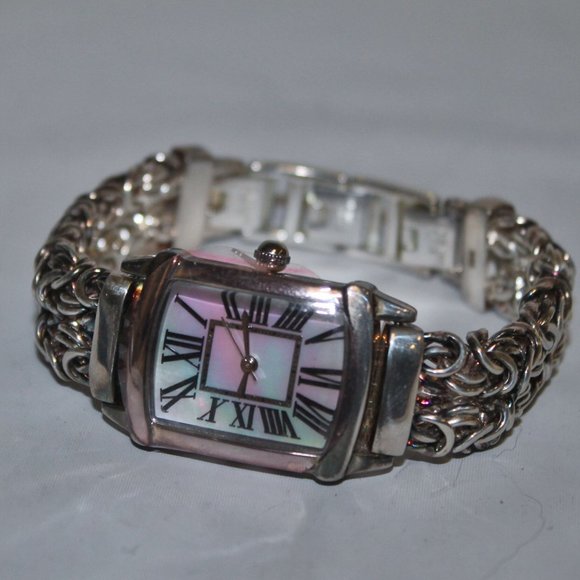 New 950 Fine Sterling Rainbow Silver MOP Face Tank Bracelet Watch 61 Grams!